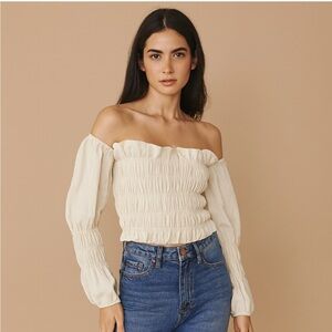 Cistar New York Cream Smocked Off-Shoulder Long Sleeve Top Size Large